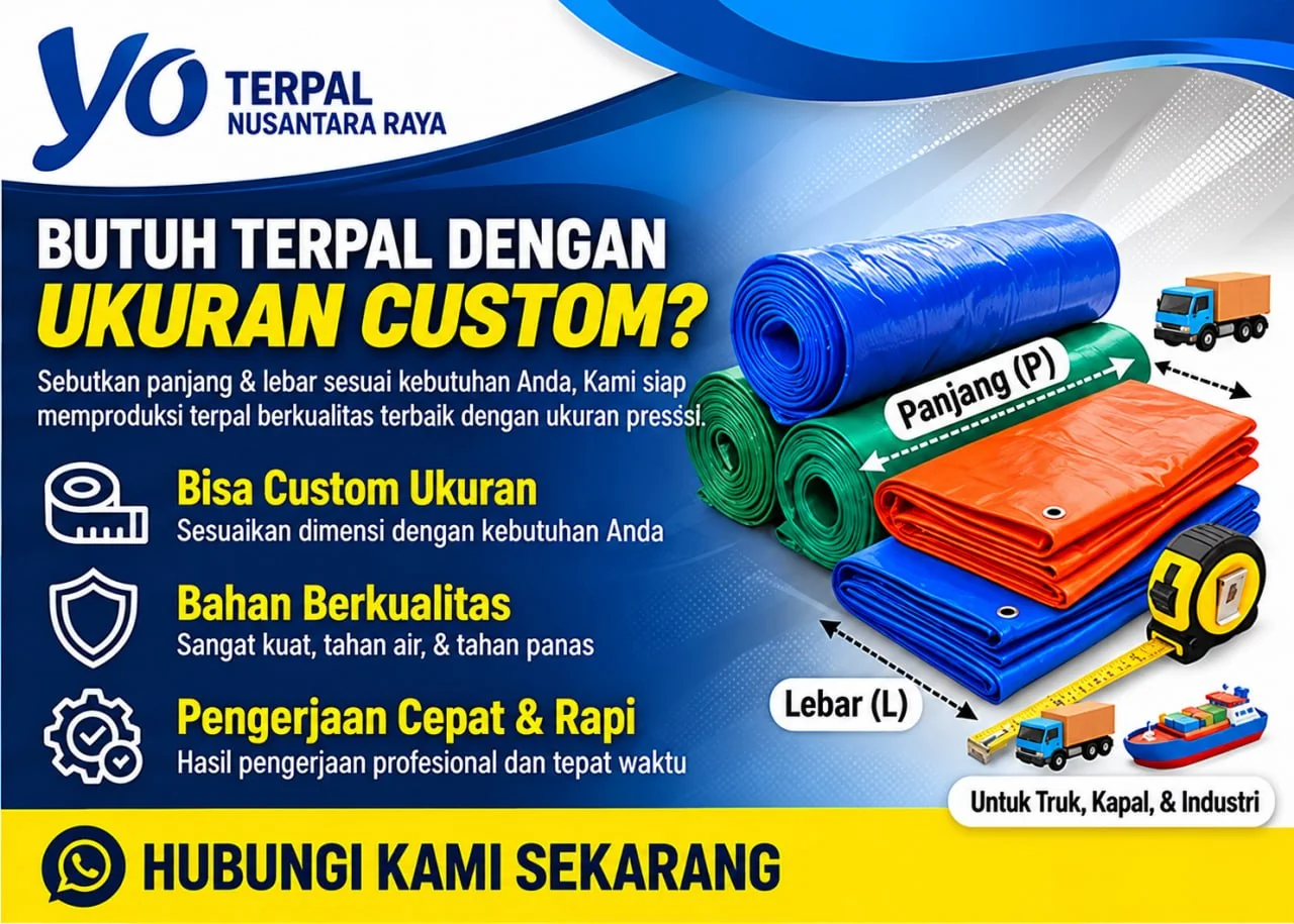 Butuh terpal dengan ukuran custom? Bisa custom ukuran, bahan berkualitas, pengerjaan cepat & rapi — hubungi kami sekarang 0822 13 8889