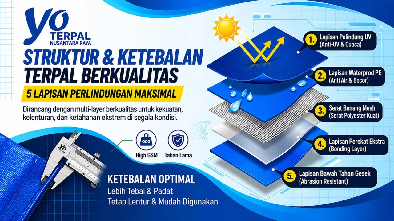 Struktur dan ketebalan terpal YO TERPAL NUSANTARA RAYA: lapisan bawah tahan gosek, inti kain, lapisan atas tahan UV dan panas