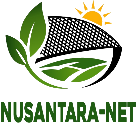 Logo Nusantara-Net dengan daun hijau, jaring hitam, dan matahari — merek paranet roll ukuran 3×100 m produksi YO TERPAL NUSANTARA RAYA