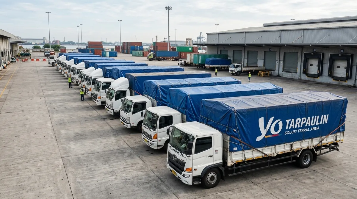 Armada truk YO TERPAL NUSANTARA RAYA siap antar pesanan ke lokasi proyek